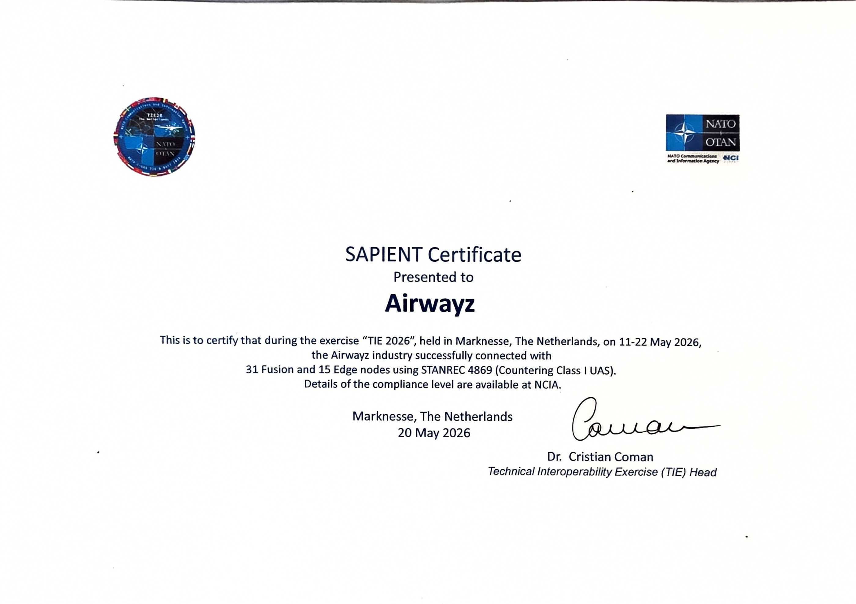 SAPIENT Certificate presented to Airwayz by the NATO Communications and Information Agency, Marknesse, 20 May 2026